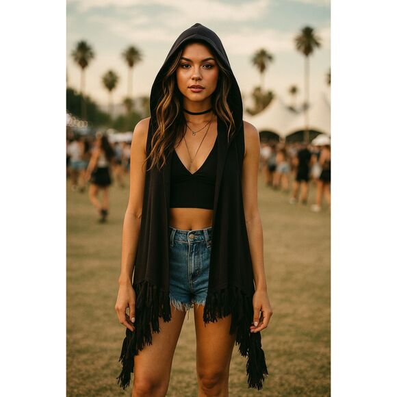 TASI Malibu Hooded Cardigan Black Boho Festival Open Front Sleeveless Duster M - Picture 1 of 9